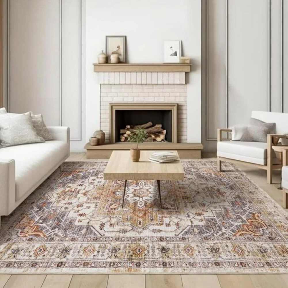 New 8x10 Washable Area Rug, Soft Vintage Non-Slip Carpet in Turmeric & Grey